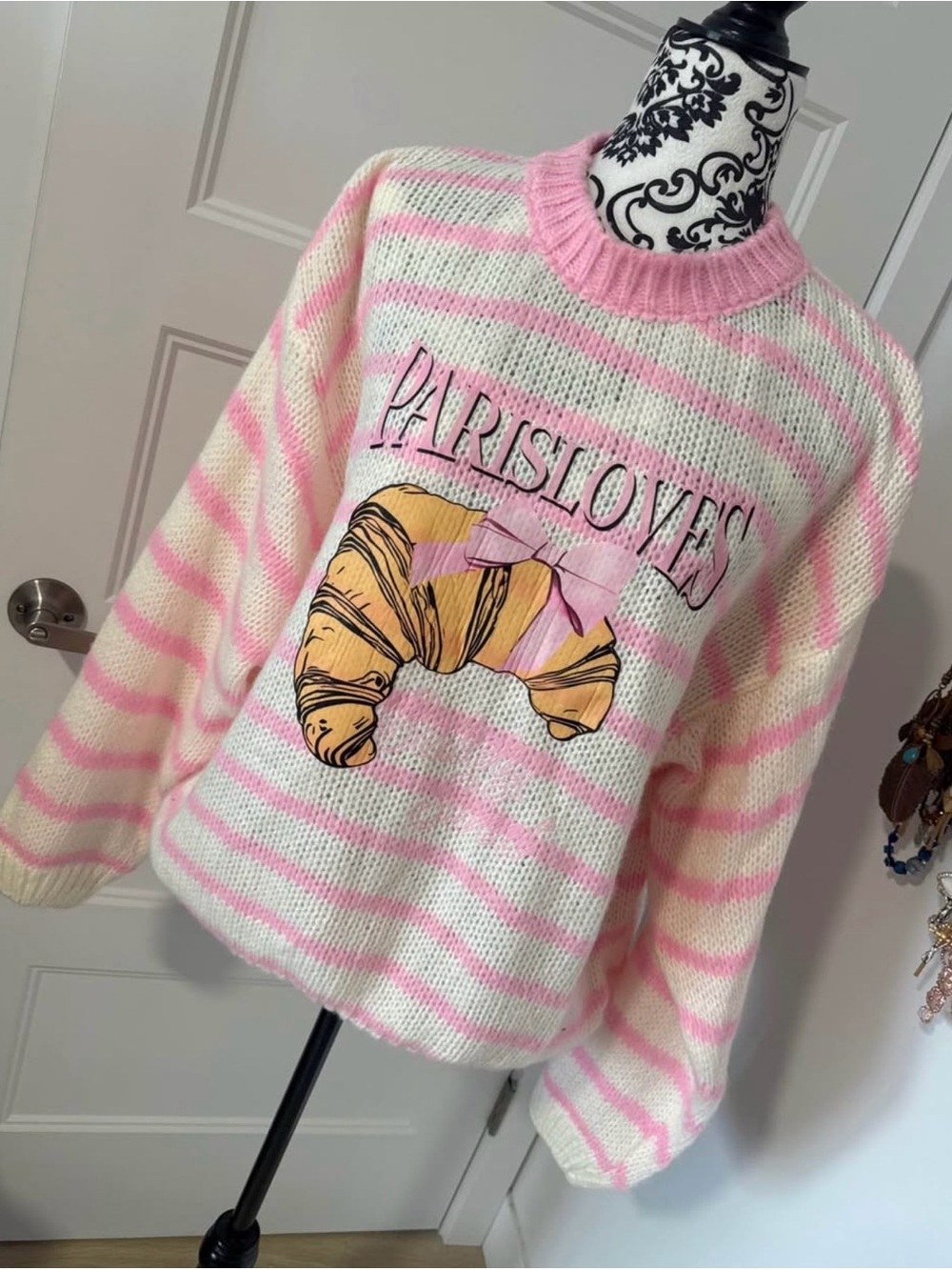 Pink & Cream Striped Knit Sweater with Croissant Graphic